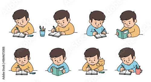 Boy studying with books and pen at desk