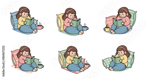 Cozy girl reading book with warm drink