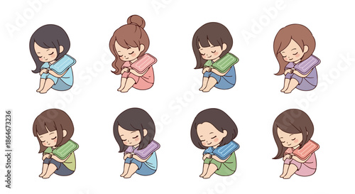 Sad girls hugging pillows in various colors