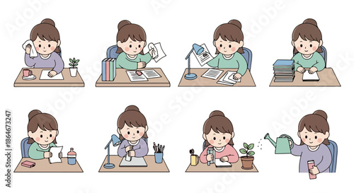 Student studying at desk with various activities