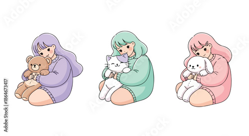 Girl hugging teddy bear, cat, and rabbit