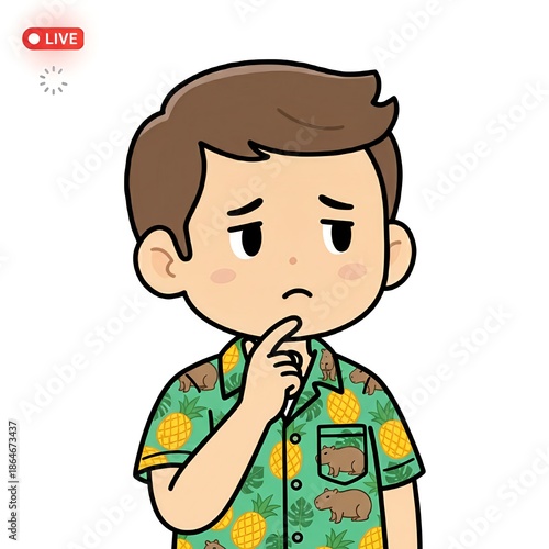 Male cartoon character thinking during livestream loading, AI generated