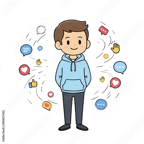 Male cartoon character surrounded by social media messages, AI generated