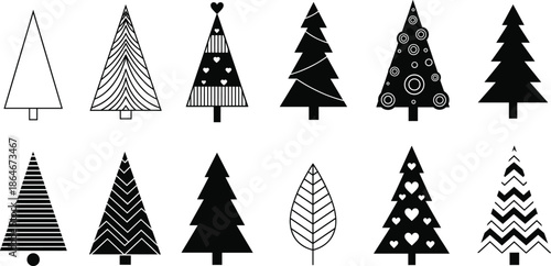 Black and white Christmas tree vector set with decorative patterns modern holiday silhouettes isolated on white