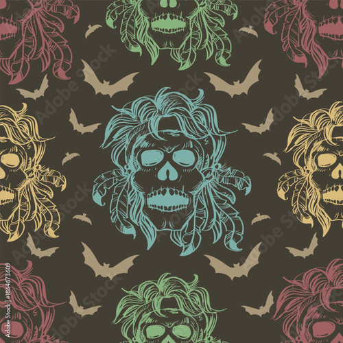 Seamless pattern with skull, bat and feathers. Halloween vector illustration.