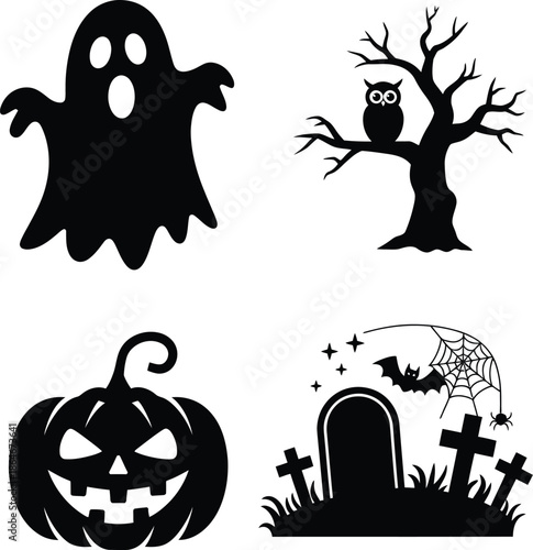 Spooky Halloween icons including ghost, owl, pumpkin, and graveyard