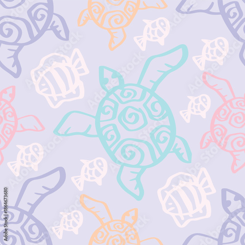 Seamless vector pattern with sea turtles. Marine background with turtles.