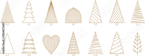 Minimalist hand drawn Christmas tree vector set with modern line art winter holiday symbols isolated
