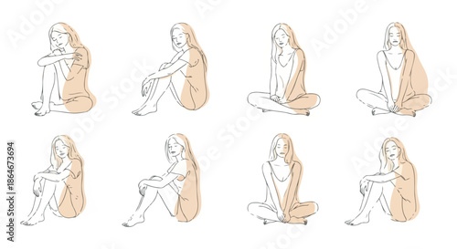 Woman sitting in various poses, relaxed and contemplative
