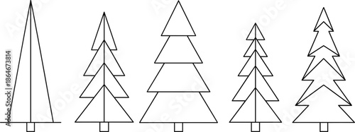 Minimalist geometric Christmas tree outline vector set with simple modern pine shapes isolated on white background