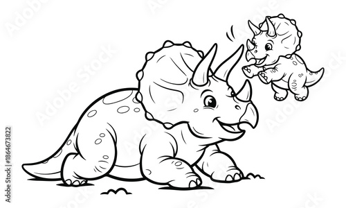 Black and white vector illustration of a triceratops standing in side view while playing with a baby triceratops, designed as a kids coloring page. 