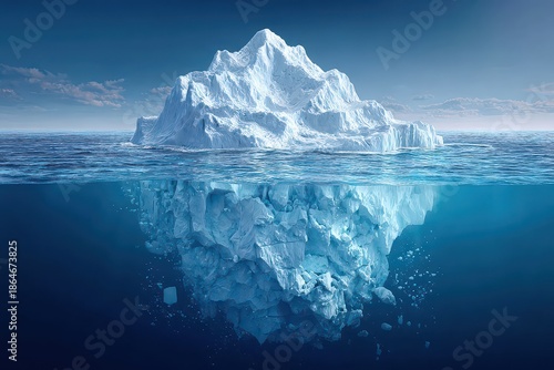 A melting iceberg global warming concept is presented in passive voice, ice erosion and cracks are emphasized below water, dramatic depth is visible, cinematic 3D realism is maintained.