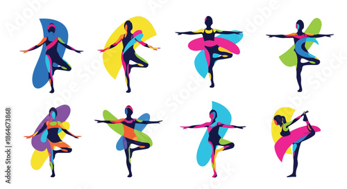 Yoga poses silhouettes with colorful abstract shapes