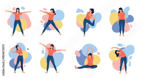 Woman stretching and exercising poses with colorful background