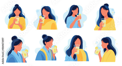 Woman drinking lemonade in various poses
