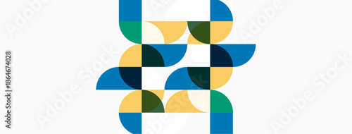 Abstract geometric pattern. Overlapping semicircles create complex design using blue, green, yellow hues. Minimalist style.