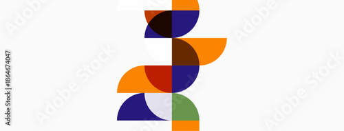 Abstract geometric shapes stacked vertically. Colors include orange, purple, brown, green. Minimalist design on white background.