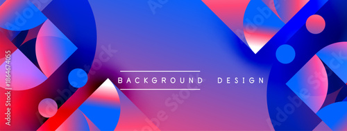 Abstract vibrant design features overlapping circles, squares, gradients. Pink, blue, purple hues create dynamic visual effect. Modern aesthetic.