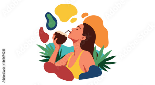 Woman drinking coconut water with tropical foliage