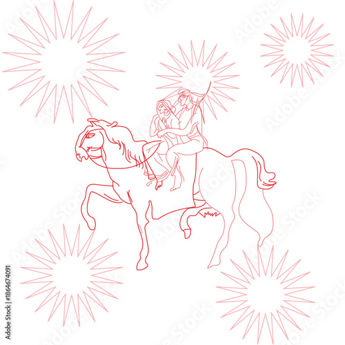 Minimalist red line art vector featuring an ancient tribal warrior man and woman riding a majestic horse, surrounded by bright red starbursts, isolated on transparent background.