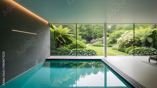 고급 주택 내부의 실내 수영장, 큰 유리창을 통해 보이는 정원, 미니멀한 인테리어와 잔잔한 수면, 프라이빗하고 차분한 웰니스 공간 분위기