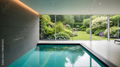 고급 주택 내부의 실내 수영장, 큰 유리창을 통해 보이는 정원, 미니멀한 인테리어와 잔잔한 수면, 프라이빗하고 차분한 웰니스 공간 분위기