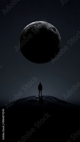 깊은 밤하늘에 거대한 검은 달이 떠 있고, 언덕 위에 한 사람이 전신 실루엣으로 서 있는 장면, 빛이 거의 없는 미니멀한 구성, 고요하고 초현실적인 다크 판타지 분위기, 넓은 여백의 와이드 구도