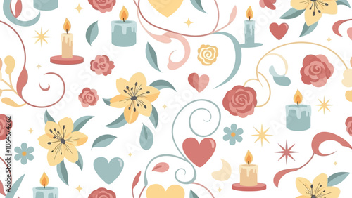 Seamless illustration of charming pastel flowers, glowing candles, and romantic hearts, perfect for gentle festive decorations.