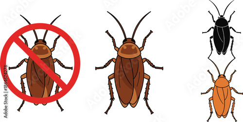 Cockroach pest control prohibition icon set with realistic and flat insect silhouettes isolated on white background
