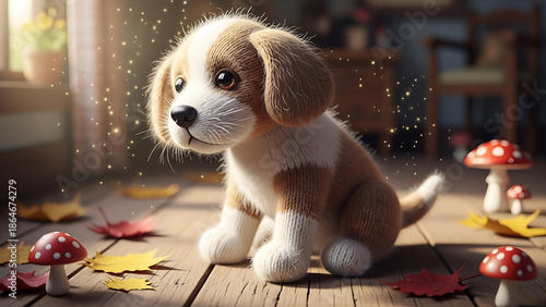 동화 같은 분위기 속에서 바닥에 앉아 고개를 기울인 뜨개질 강아지, 실로 표현된 털이 겹겹이 보이는 질감, 살아 있는 듯한 눈 표현, 따뜻하고 감성적인 조명