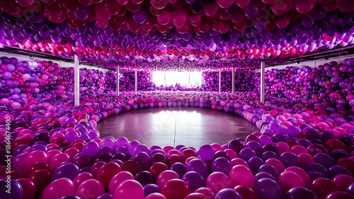 보라색과 핑크색 풍선이 바닥부터 천장까지 가득 채워진 실내 이벤트 공간, 중앙이 비워진 구성, 밝고 화사한 조명, 축제 같은 분위기, 와이드 구도