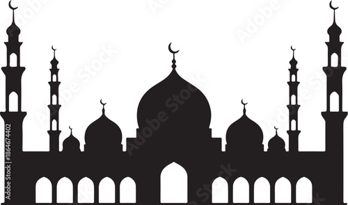 Black and white silhouette of mosque with domes and minarets