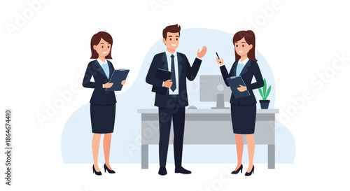 Diverse business team having a productive meeting in a modern office environment with professional characters in suits and formal attire.