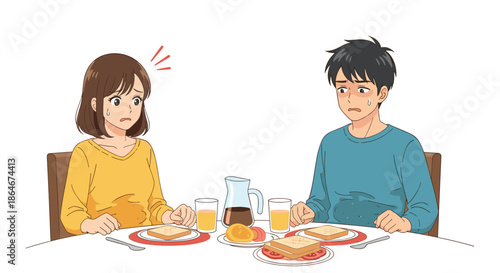 Concerned young man and woman sitting at a breakfast table looking worried and anxious during their morning meal in a flat vector illustration.