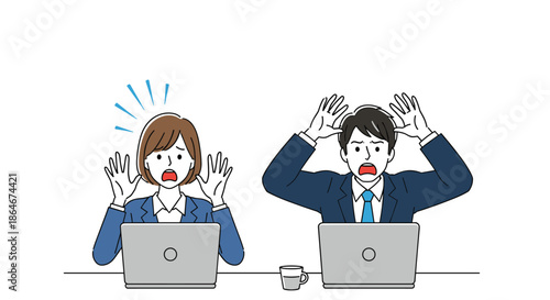 Surprised office workers reacting with shock while working on their laptops in a modern workplace setting with expressive flat illustrations.