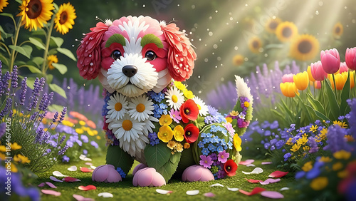 형형색색의 꽃잎과 잎사귀로 만들어진 강아지가 정원 중앙에 앉아 있는 모습, 장미와 데이지, 들꽃이 몸을 이루고 있는 구조, 밝은 자연광, 생기 넘치는 판타지 아트 스타일