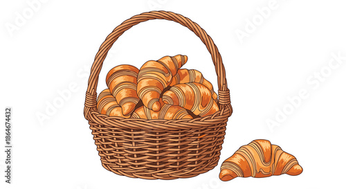 Wicker basket overflowing with freshly baked golden croissants and a single pastry placed beside it on a clean white background for design.