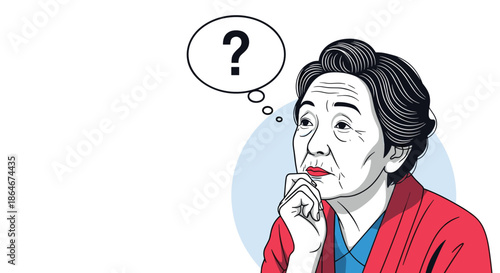 Senior woman in a red sweater looks thoughtfully upward with a question mark inside a speech bubble representing confusion or memory.