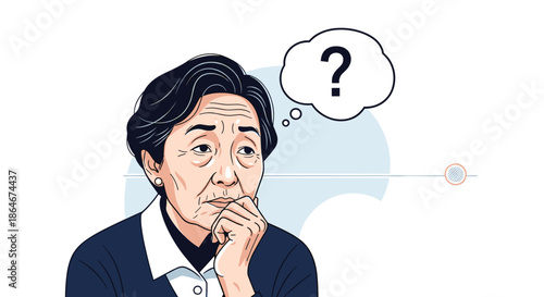 Mature woman in a dark blue sweater gazes pensively at a question mark in a thought bubble symbolizing deep thought or uncertainty.