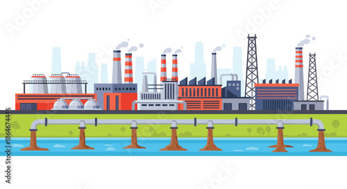 Extensive industrial factory complex illustration featuring multiple smoking chimneys and a long pipeline crossing over a body of water.