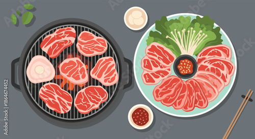 Overhead view illustration of a traditional Korean barbecue setup with meat grilling over charcoal alongside a platter of raw pork slices.
