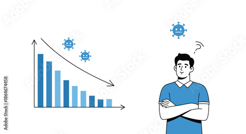 Man observes a declining bar chart with blue virus icons representing a reduction in cases or the success of pandemic control measures.