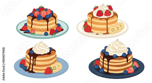 Assorted stacks of fluffy pancakes topped with whipped cream, chocolate syrup, fresh strawberries, blueberries, and banana slices on colored plates.