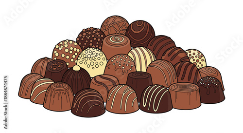 Large assortment of assorted gourmet chocolate truffles and pralines displayed in a pile featuring different shapes patterns and flavors.
