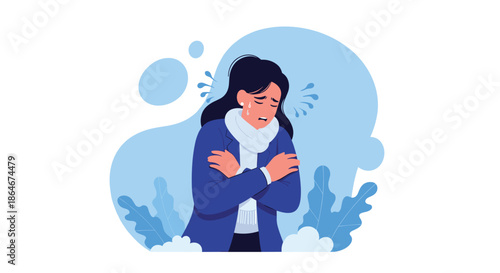 Young woman wearing a scarf and jacket shivering with cold and holding her arms while sweating with a blue background and leaves.