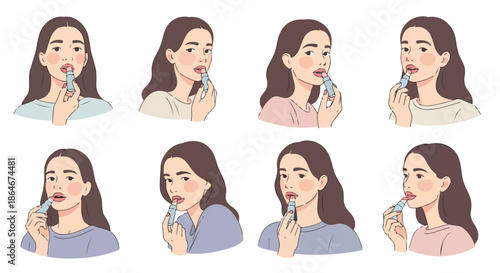 Woman applying lipstick in various poses