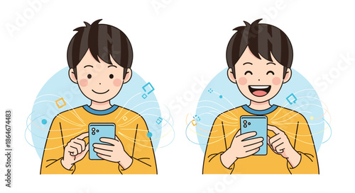 Cheerful young boy looking at a smartphone screen with sparkling light trails and icons representing digital communication and entertainment.