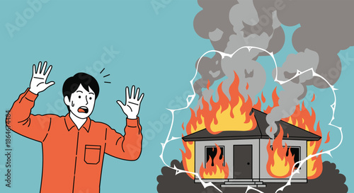 Panicked man with raised hands looking in shock at his small house completely engulfed in flames and thick black smoke against a blue sky.