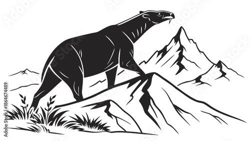 A black and white vector graphic illustration of a bear standing on a mountain peak
