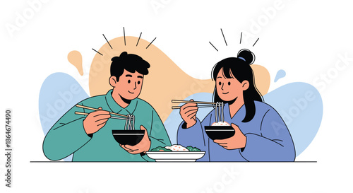 Young man and woman sitting at a table together enjoying a meal of noodles from bowls with chopsticks in a friendly atmosphere.